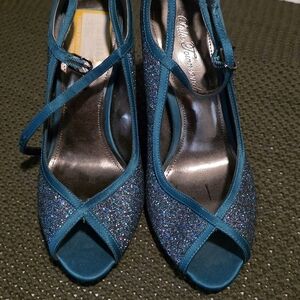 Lulu Townsend Teal Glitter Peep-Toe Heels